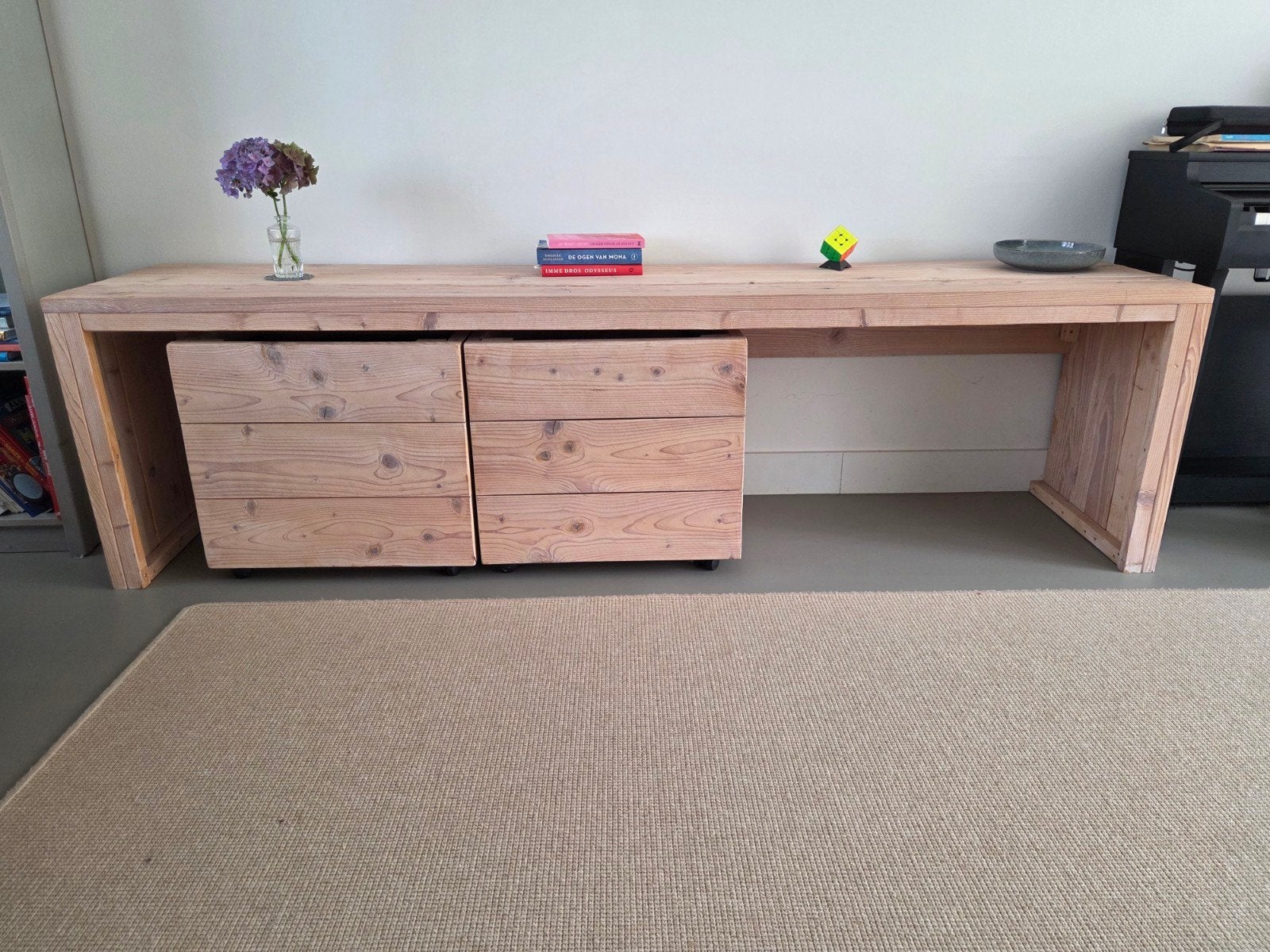 Steigerhouten speeltafel met opbergkisten op wieltjes, Huis en Inrichting, Kasten | Overige, Ophalen, Zo goed als nieuw