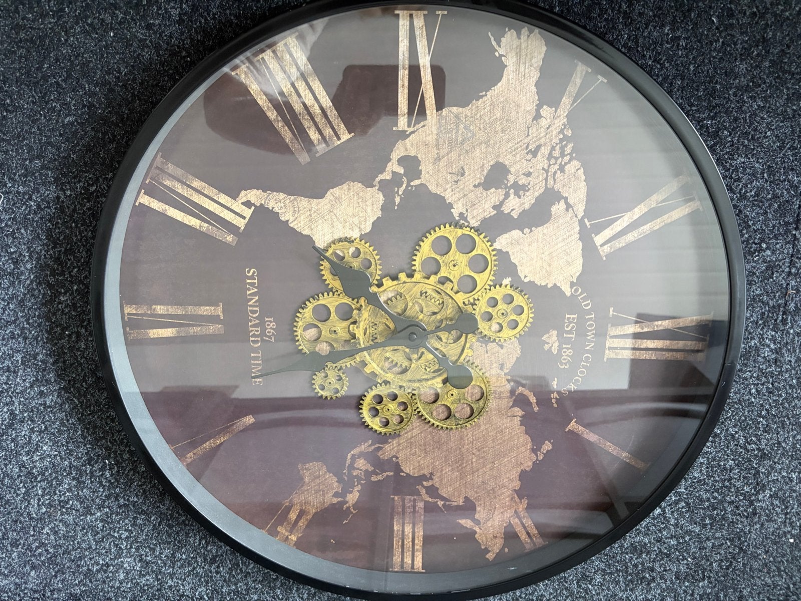 Grote Wandklok met Wereldkaart en Tandwielen, Ophalen, Zo goed als nieuw, Analoog, Wandklok