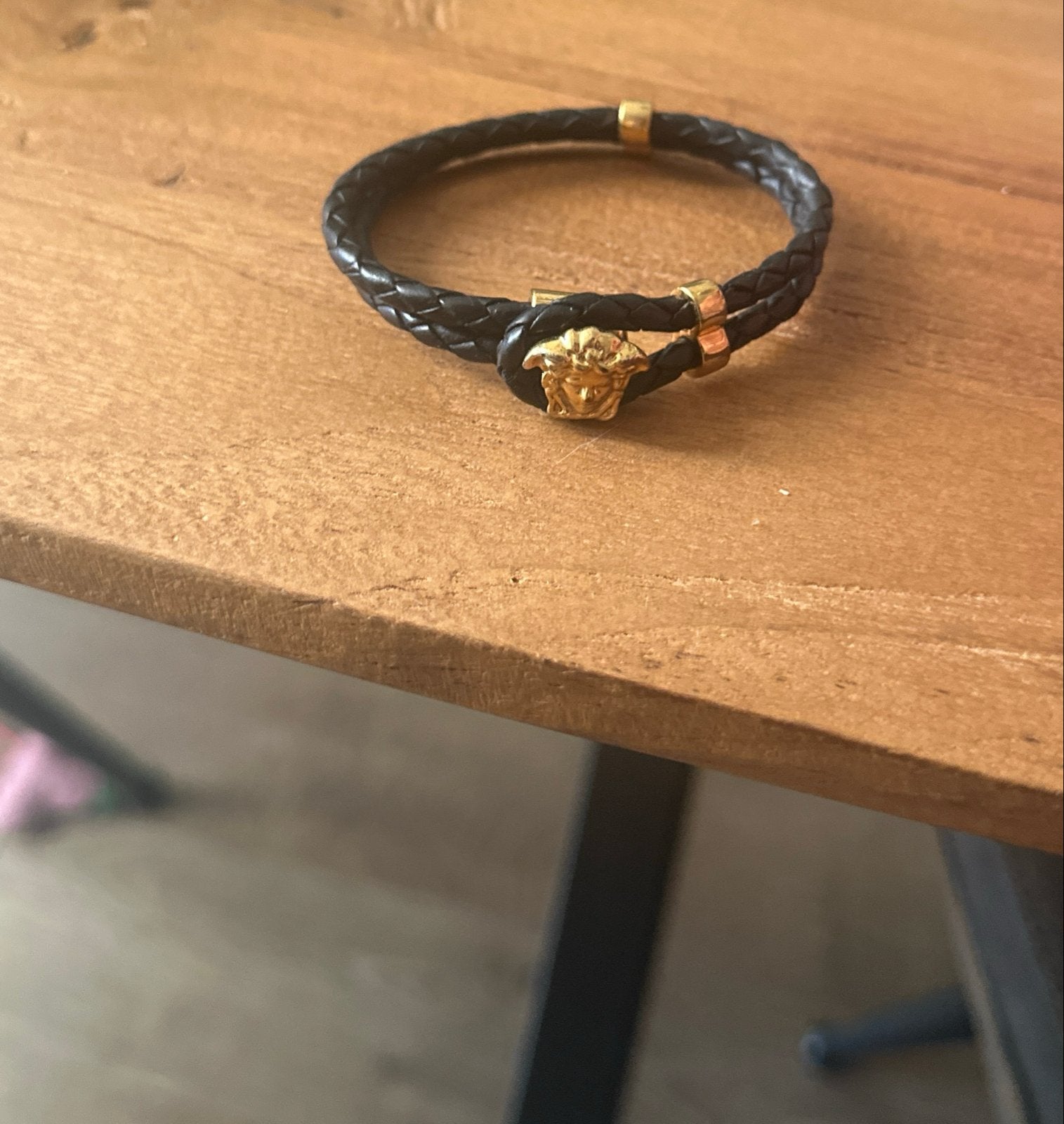 Versace Medusa Heren Armband - Zwart Leer & Goud, Ophalen of Verzenden, Zo goed als nieuw, Zwart, Leer