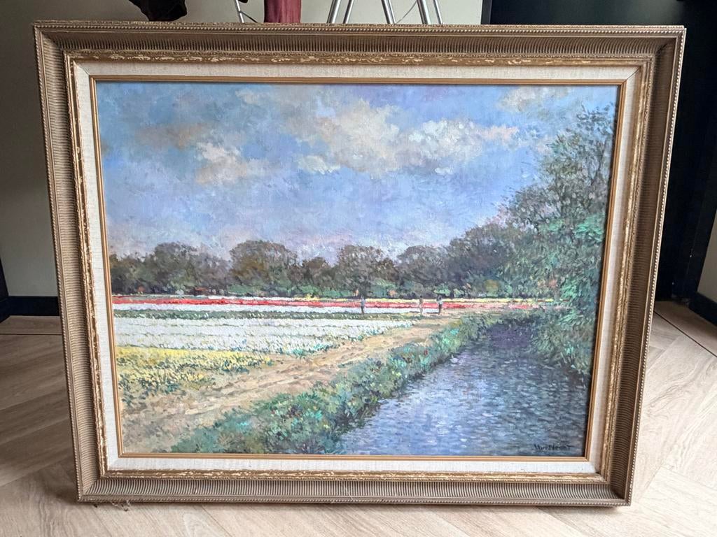 Schilderij: A.C van Noort, Hollands landschap tulpenvelden, Antiek en Kunst, Ophalen
