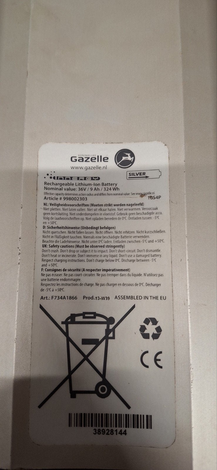 Gazelle Innergy Fietsaccu 36V 7.9Ah 324Wh, Gebruikt
