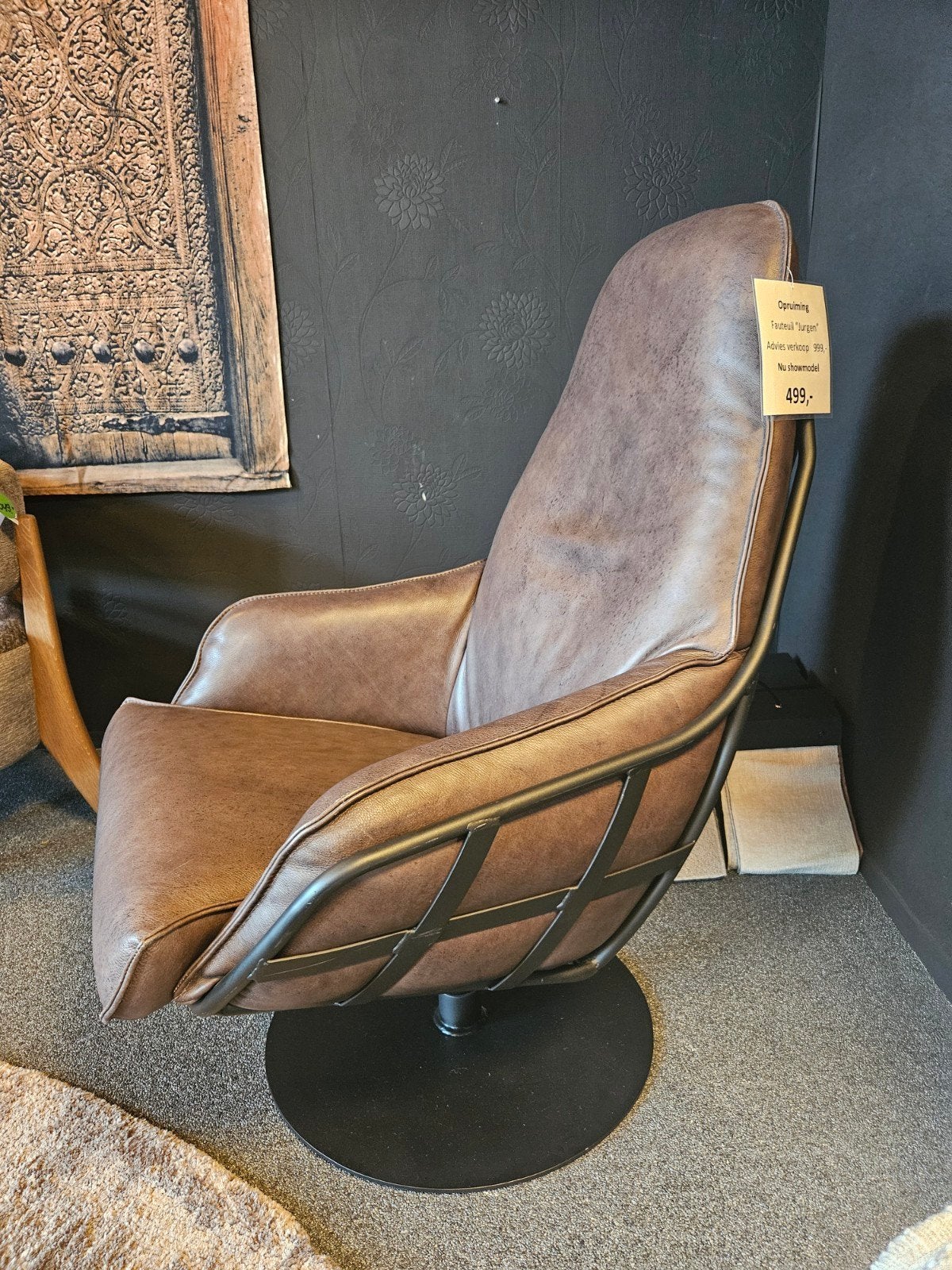 Fauteuil JURGEN bruin leer industrieel frame opruiming, Huis en Inrichting, Verzenden, Nieuw, 75 tot 100 cm, Leer