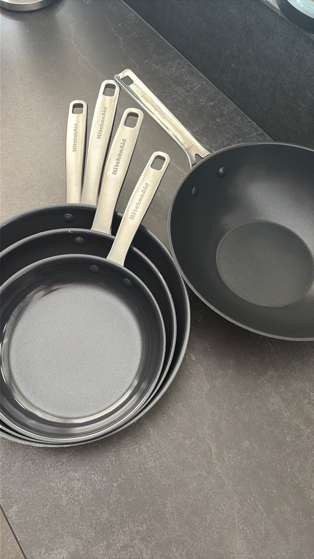 Kitchenaid stainless steel koekenpannen en wokpan, Aluminium, Pannenset, Ophalen of Verzenden, Zo goed als nieuw