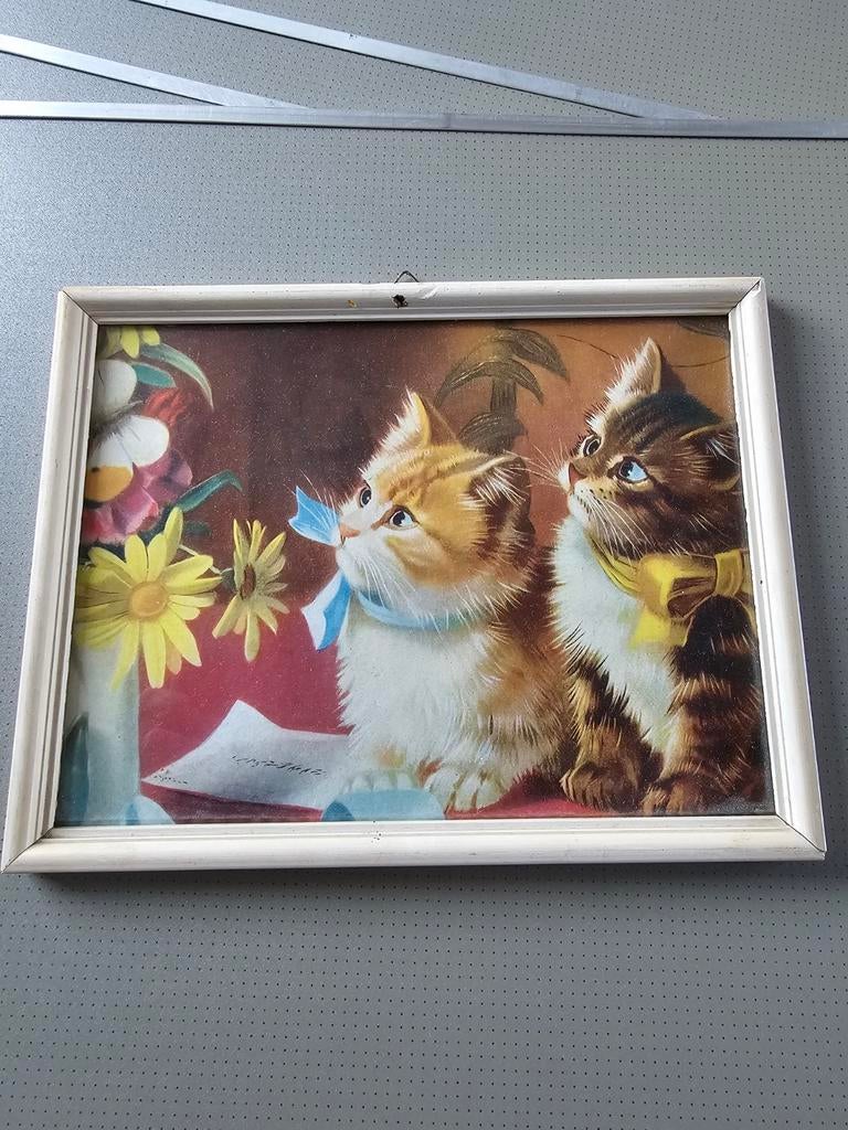 Vintage schilderijtje met poesjes, Ophalen, Hout, Minder dan 50 cm, Minder dan 50 cm