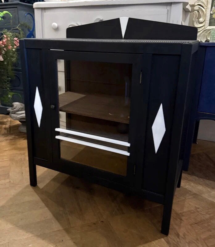 Antiek theekastje, vintage kastje, klein vitrinekastje VdlM, Ophalen, Brocante oud drankenkastje zwart Art Deco Amsterdamse School