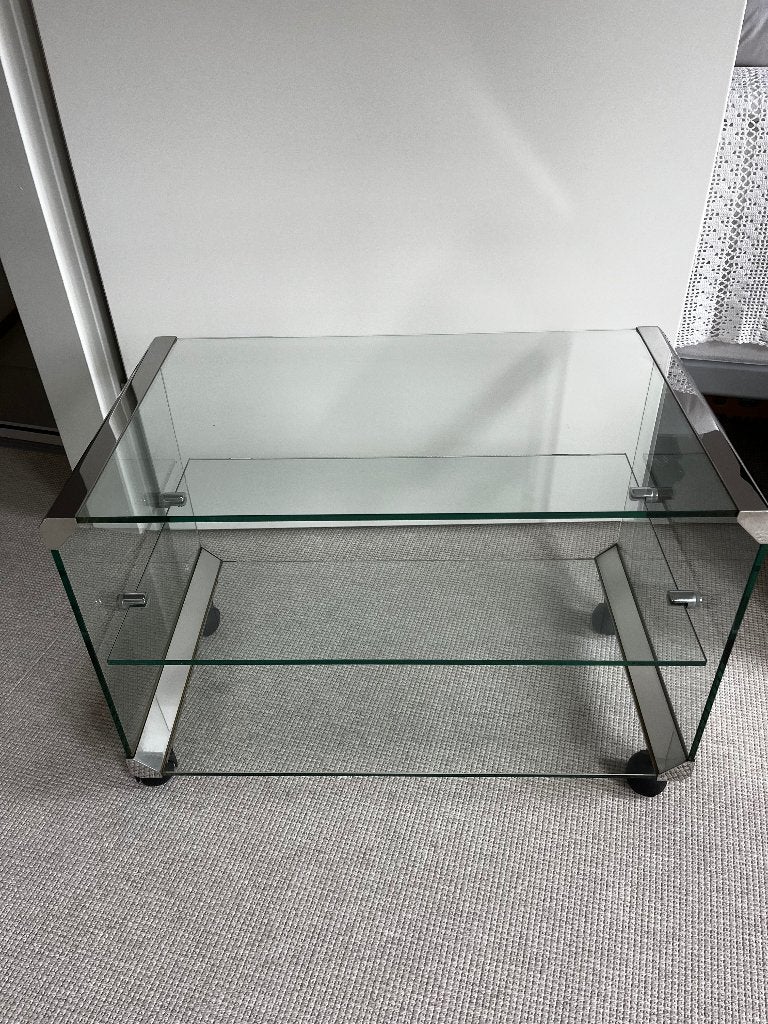 Design tafel glas zwenk wielen, Huis en Inrichting, Ophalen, 50 tot 100 cm, 50 tot 100 cm, Glas
