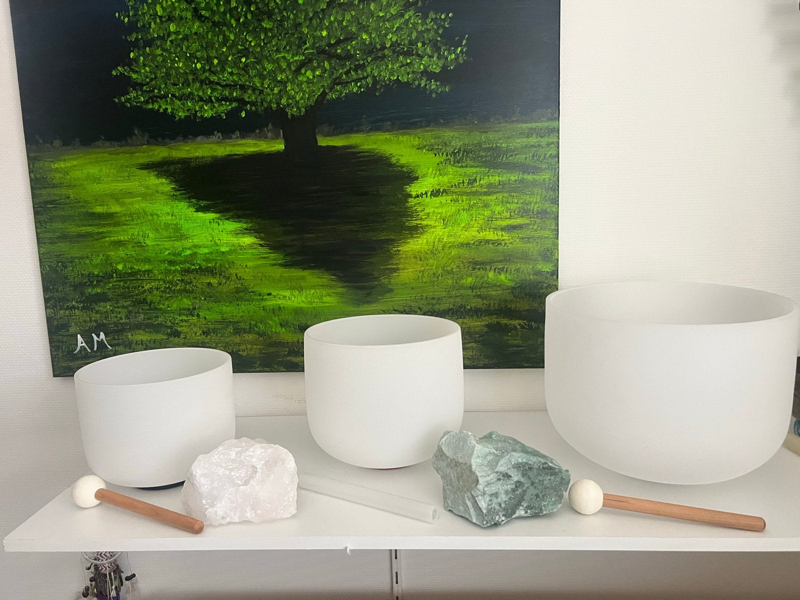 Set van 3 kristallen klankschalen E A G, Ophalen, Gebruikt