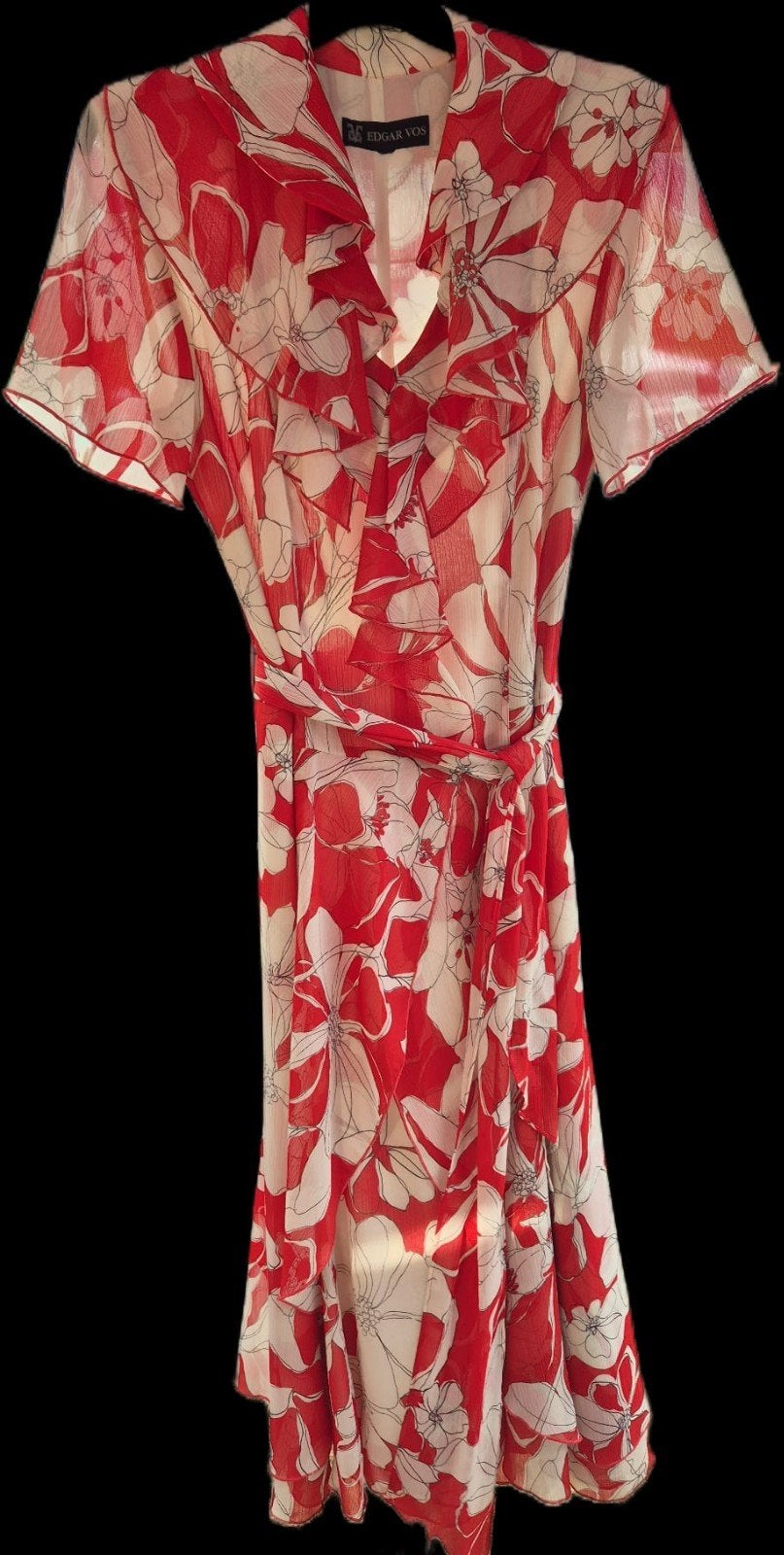 Edgar Vos Rode Bloemenjurk met Ruches en Ceintuur 42, Kleding | Dames, Maat 42/44 (L), Zo goed als nieuw, Knielengte, Rood
