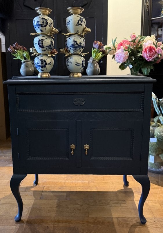 Vintage klein kastje met bovenklep, antieke kast blauw VdlM, Ophalen, 100 tot 150 cm, Oud klepkastje brocante halkastje hal meubel donkerblauw uniek