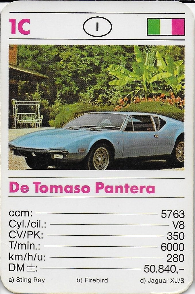Kw4677 autokaartje de tomaso pantera ( 1c ), Ophalen of Verzenden, Zo goed als nieuw, Auto's