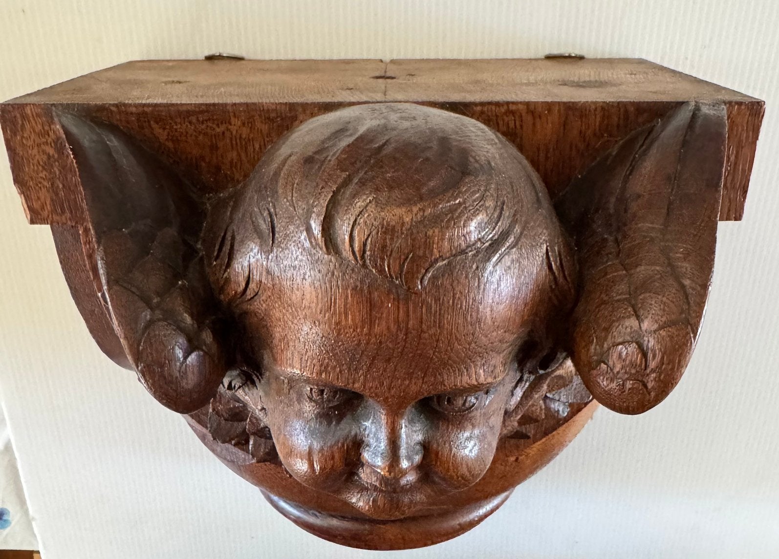 Houten console met putti hoofd, Overige onderwerpen, Ophalen of Verzenden, Wanddecoratie, 20 - 50 cm