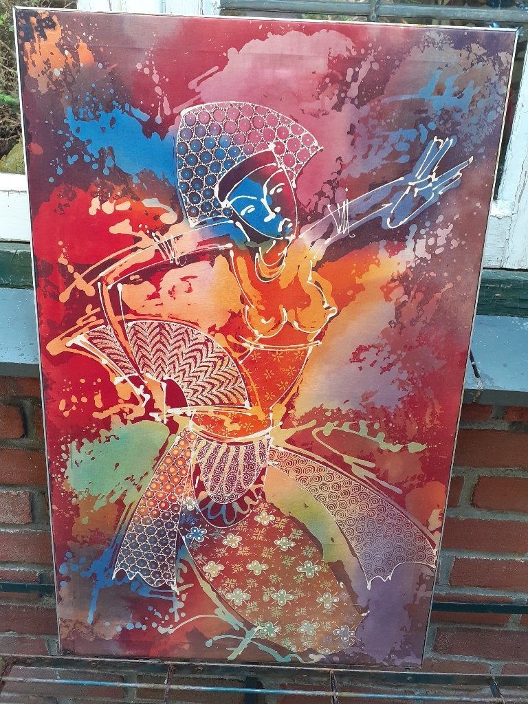 Authentiek Indonesisch Batik Schilderij "Danseres" in lijst, Overige stijlen, Portret of Personen, Origineel werk, Overige ondergronden
