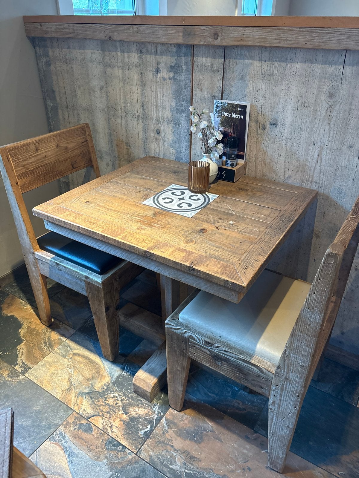 Robuuste Steigerhouten eettafel 2 persoons 75x65x75 cm, Ophalen, Gebruikt, 50 tot 100 cm, Rechthoekig