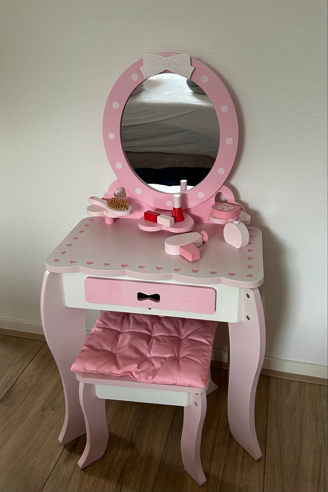 Kaptafeltje hout roze met krukje en accessoires, Ophalen, Minder dan 50 cm, Gebruikt, 100 tot 150 cm