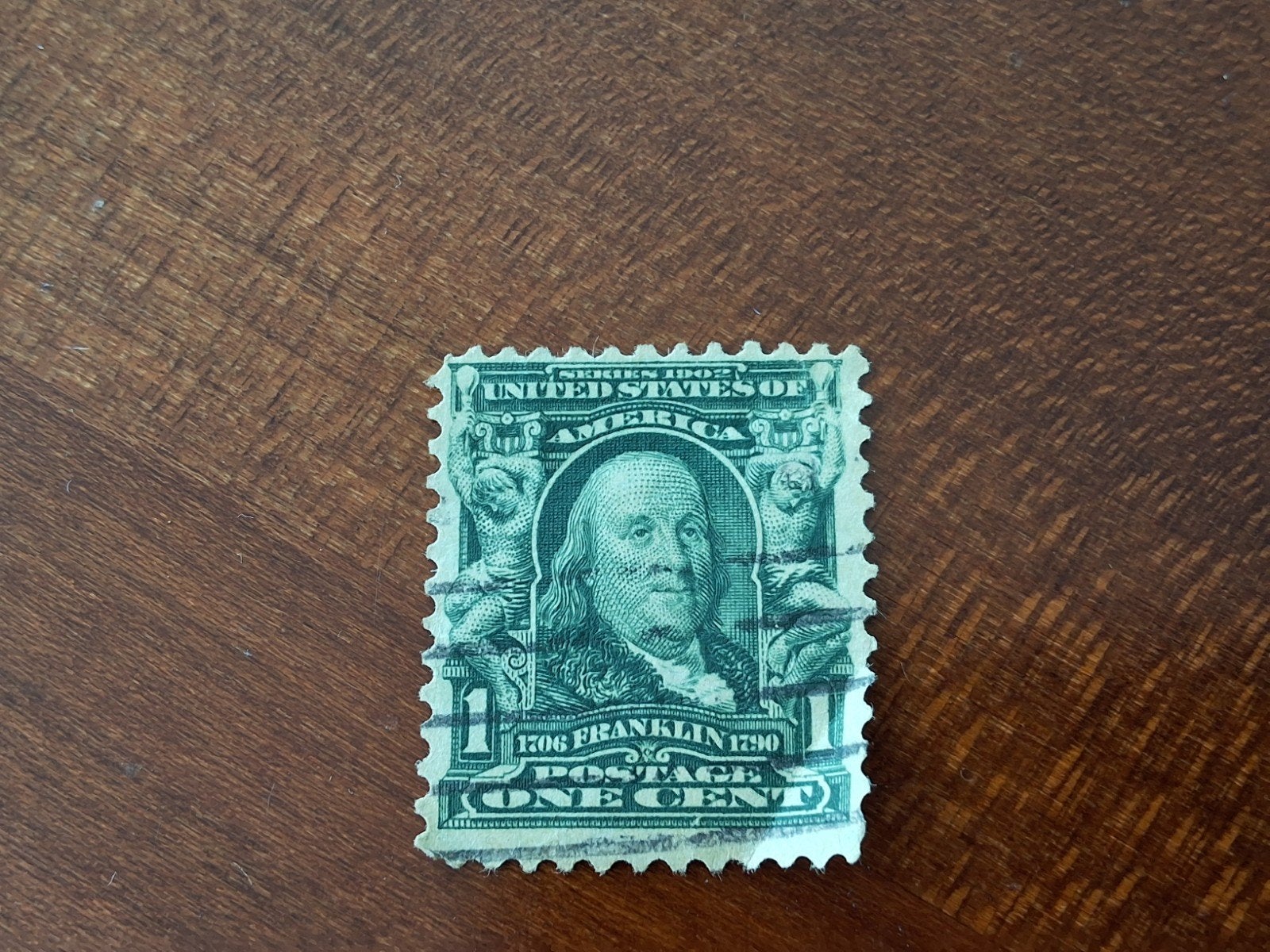 Zeldzame Ben Franklin Groene 1 Cent Amerikaanse Postzegel, Ophalen of Verzenden, Gestempeld, Noord-Amerika