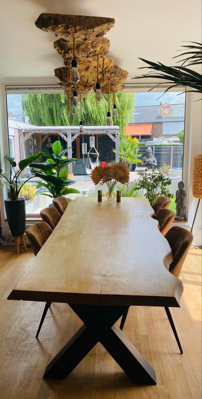 Massief houten boomstam eettafel met X-poten 3meter!, Ophalen, 200 cm of meer, 50 tot 100 cm, Zo goed als nieuw
