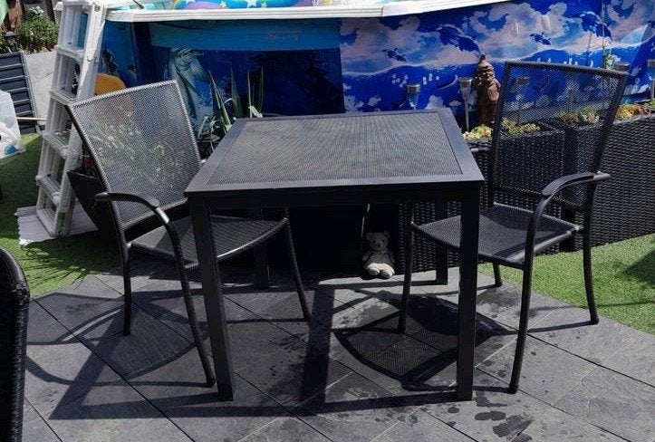 Grijze tuinset: tafel met 2 stoelen, Gebruikt, Aluminium, Tuinset, Ophalen