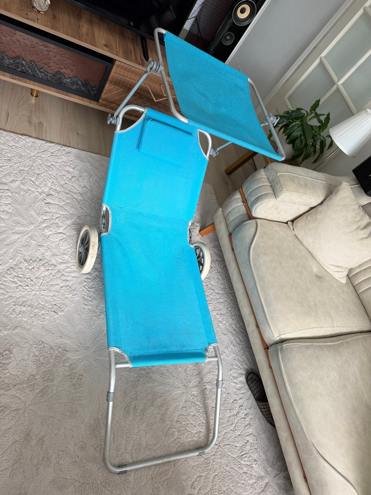 Opvouwbare strandstoel met wielen en zonnescherm, Ophalen of Verzenden, Gebruikt, Aluminium, Inklapbaar