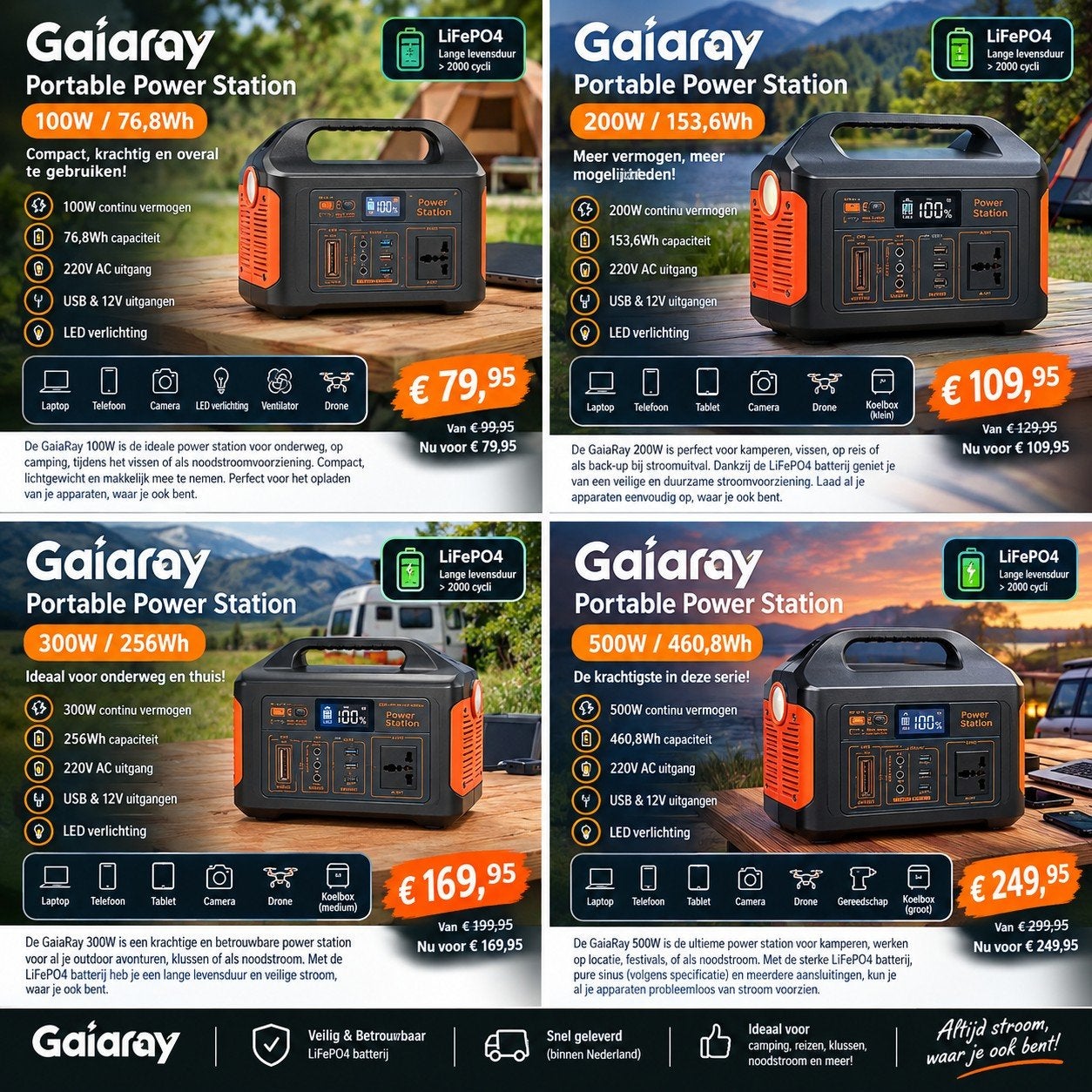 GaiaRay Draagbare Power Station - 100W/200W/300W/500W, Ophalen of Verzenden, Nieuw