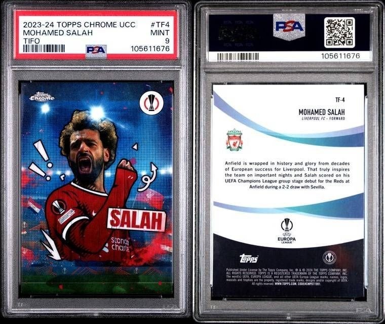 PSA 9 Mohamed Salah 2023-24 Topps Chrome UCC Tifo #TF4, Verzamelen, Verzenden, Zo goed als nieuw, Buitenlandse clubs, Spelerskaart