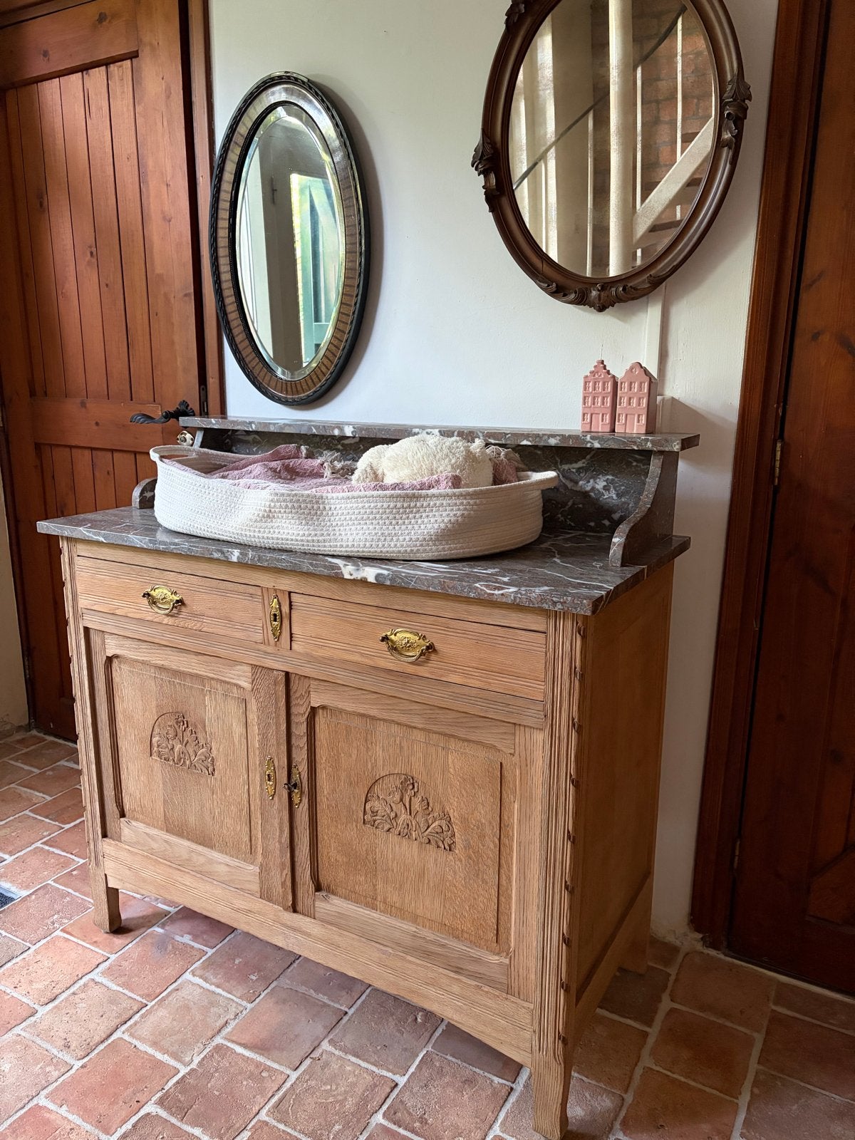 Unieke Babycommode Eikenhout Marmeren Blad vintage antiek, Gebruikt, 50 tot 70 cm, ..., 100 cm of meer