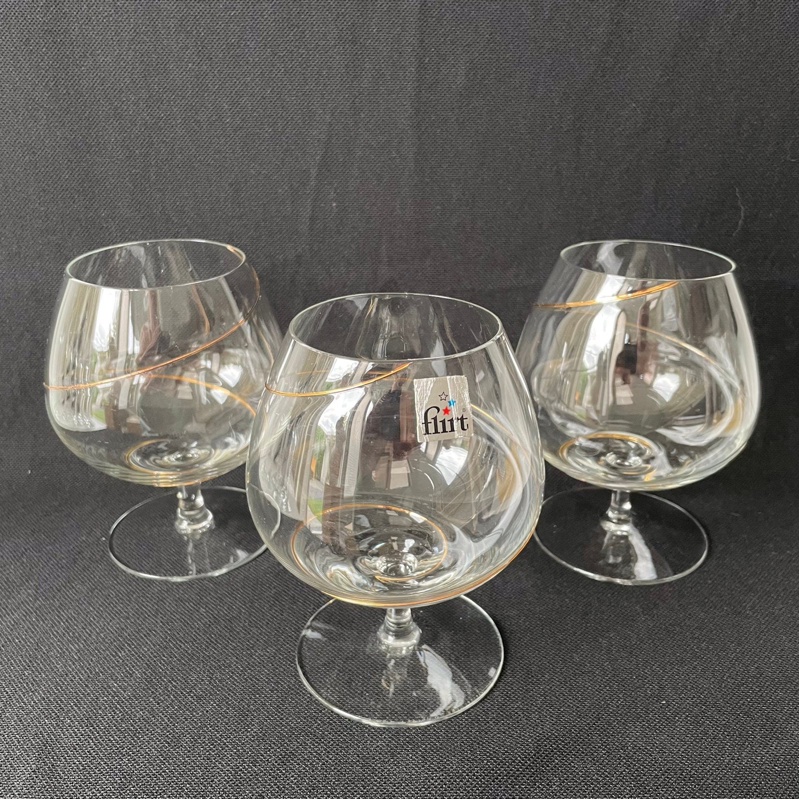 Set van 3 Flirt Cognac- of Spritz glazen met gouden spiraal, Glas of Glazen, Gebruikt, Overige merken, Klassiek