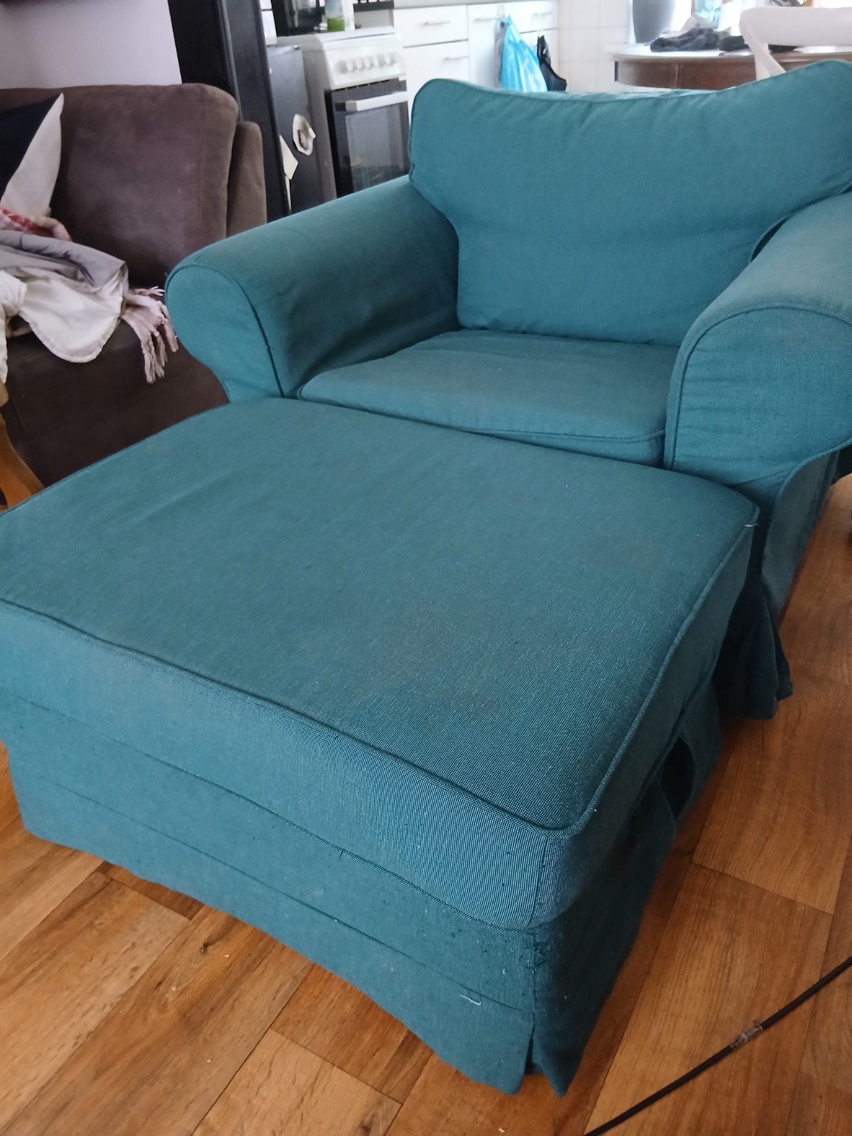 IKEA EKTORP Fauteuil met voetenbank - Blauw/Turquoise, Ophalen, Gebruikt, 75 tot 100 cm, 75 tot 100 cm
