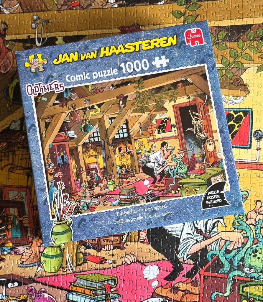 Jumbo Jan van Haasteren puzzel: de Vrijgezel, Ophalen of Verzenden, 500 t/m 1500 stukjes, Zo goed als nieuw, Legpuzzel