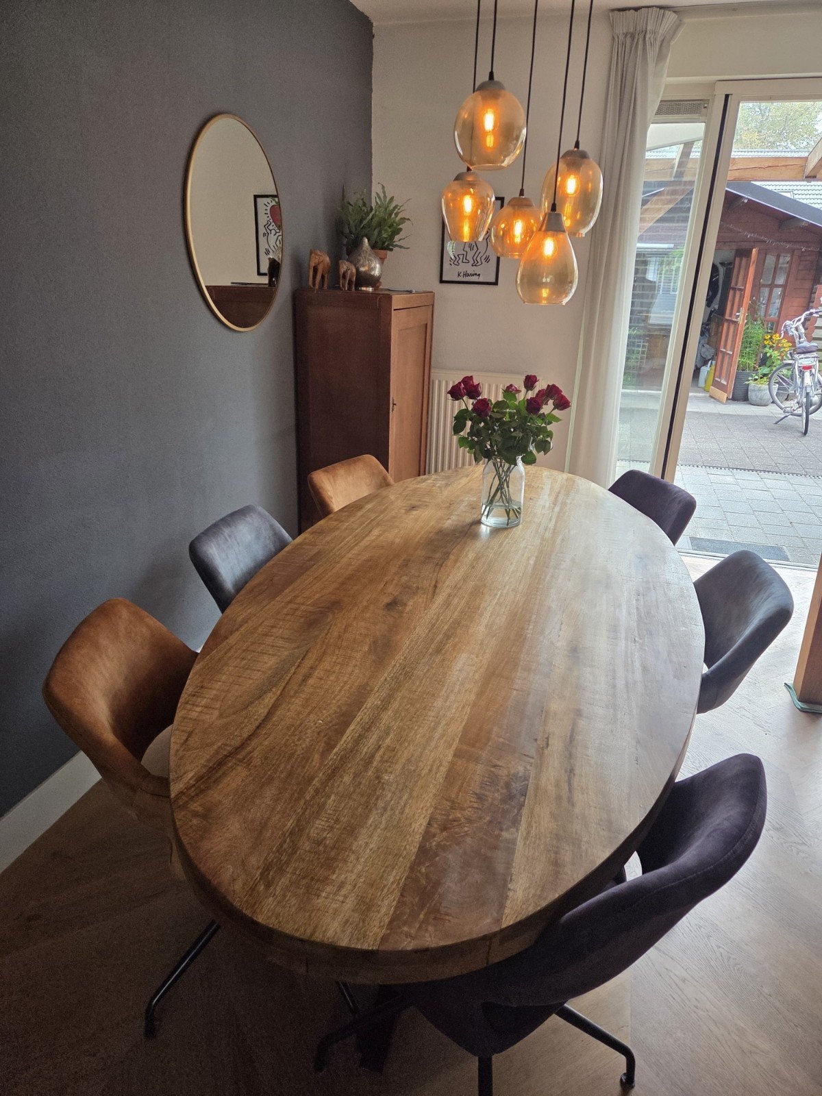 Ovale eettafel met optioneel 6 stoelen, Overige houtsoorten, 100 tot 150 cm, Modern, Industrieel, 200 cm of meer
