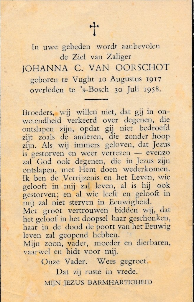 Oorschot Johanna 1917 Vught 1958 Den Bosch, Ophalen of Verzenden, Bidprentje