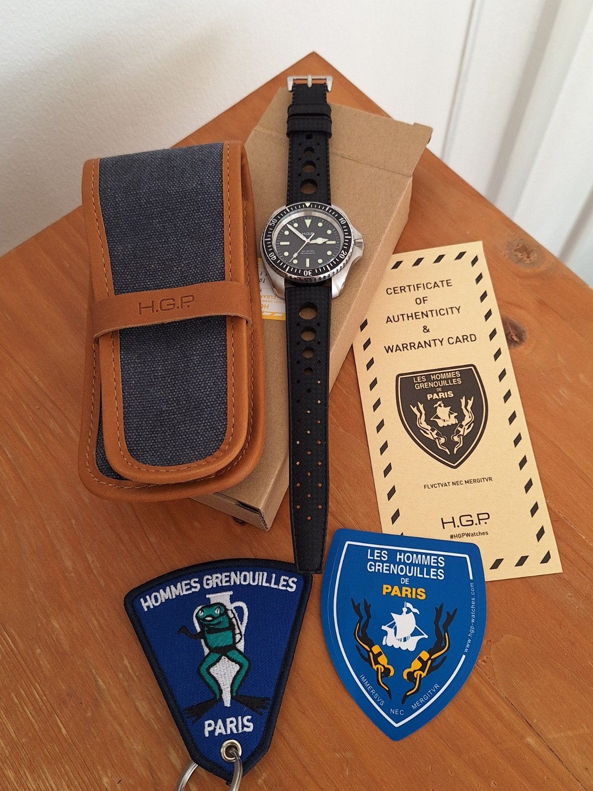 H.G.P. (Hommes Grenouilles Paris) met Monnin case - duikhorl, Overige merken, Gebruikt, Staal, Verzenden