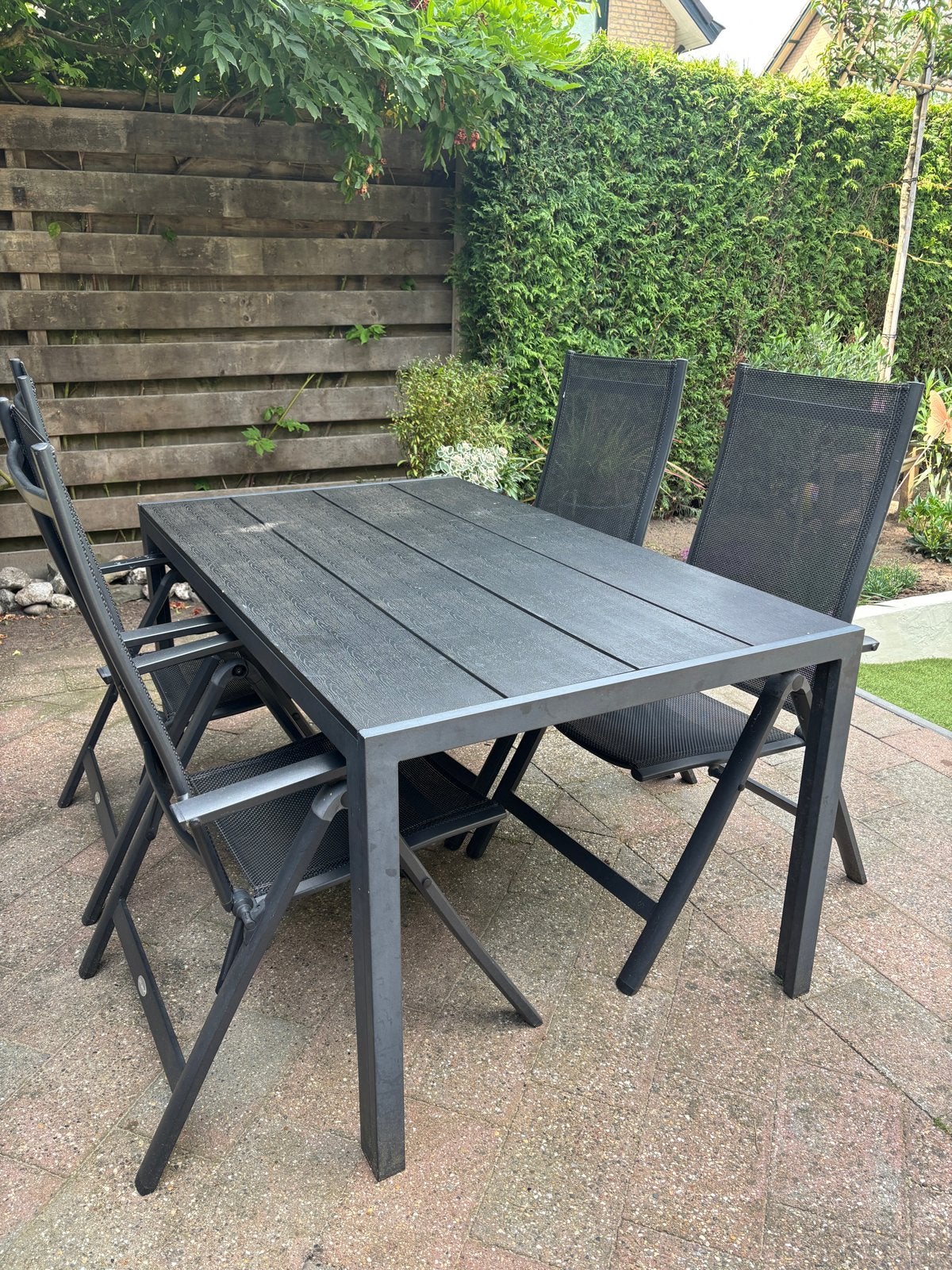 Jutlandia tuinset: tafel met 4 verstelbare tuinstoelen, Ophalen, 4 zitplaatsen, Gebruikt, Eettafel
