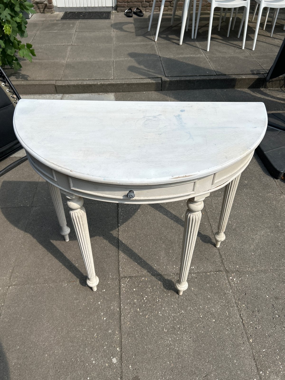 Halfronde sidetable met lade - Crème wit, Ophalen, Gebruikt, 100 tot 150 cm, Ovaal