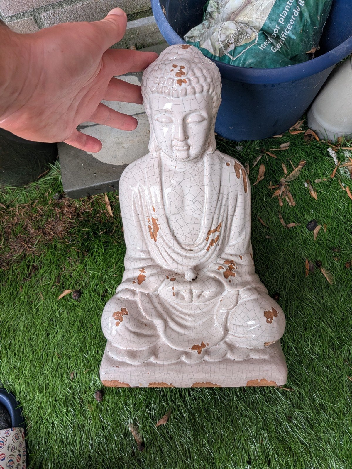 Boeddha beeld wit craquelé - decoratie, Ophalen, Gebruikt, Steen/keramiek, Wit