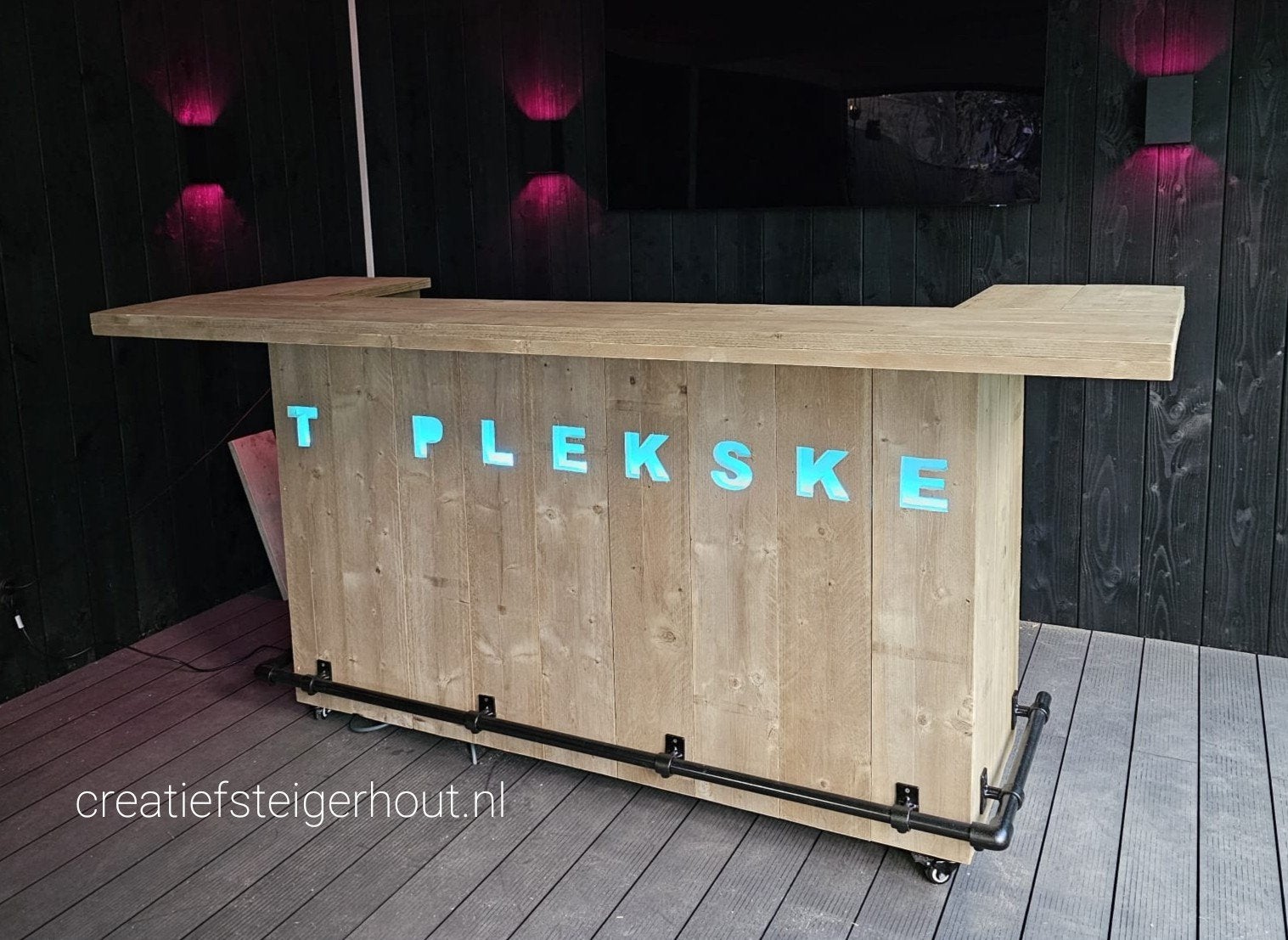 Verrijdbare bar letters steigerhout buizen mancave koelkast, Verzenden, Nieuw