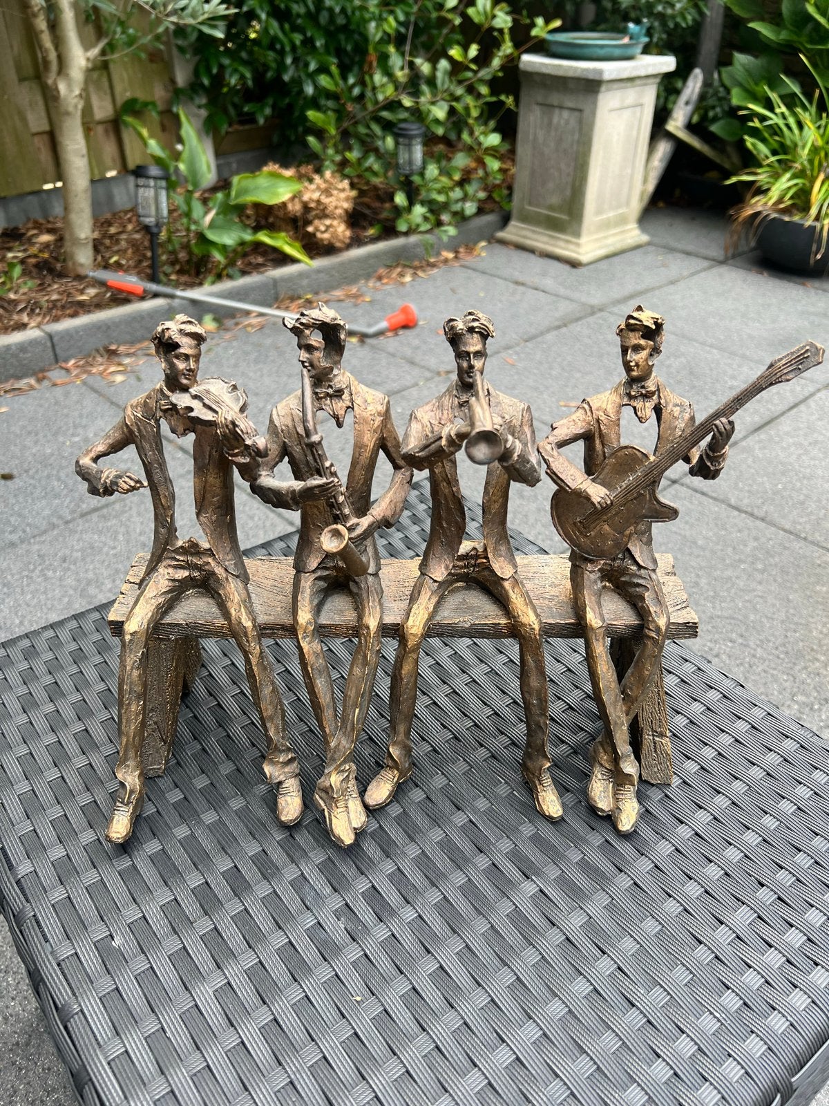 Bronzen Beeld Muzikanten Band op Bankje, Ophalen, Groep mensen, 20 - 50 cm, Beeld