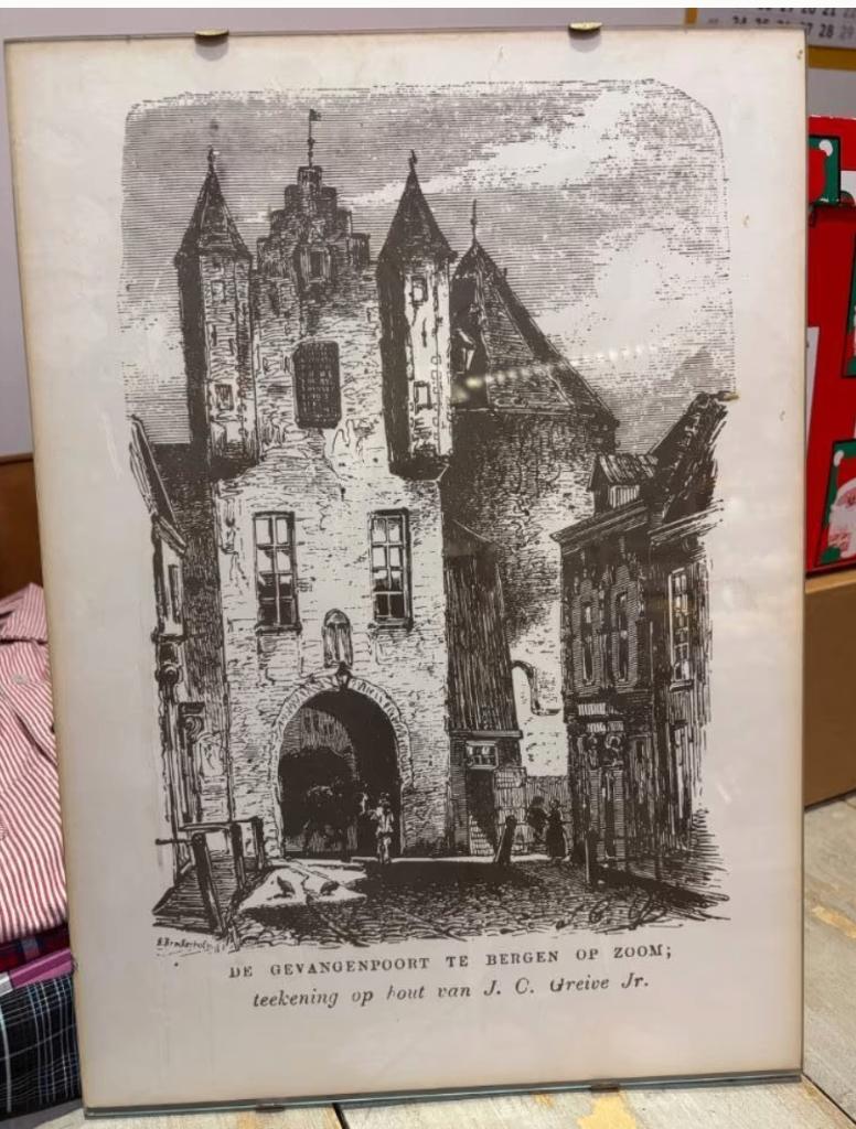 Illustratie Gevangenpoort Bergen op Zoom (ingelijst 40 x 30), Antiek en Kunst, Ophalen of Verzenden