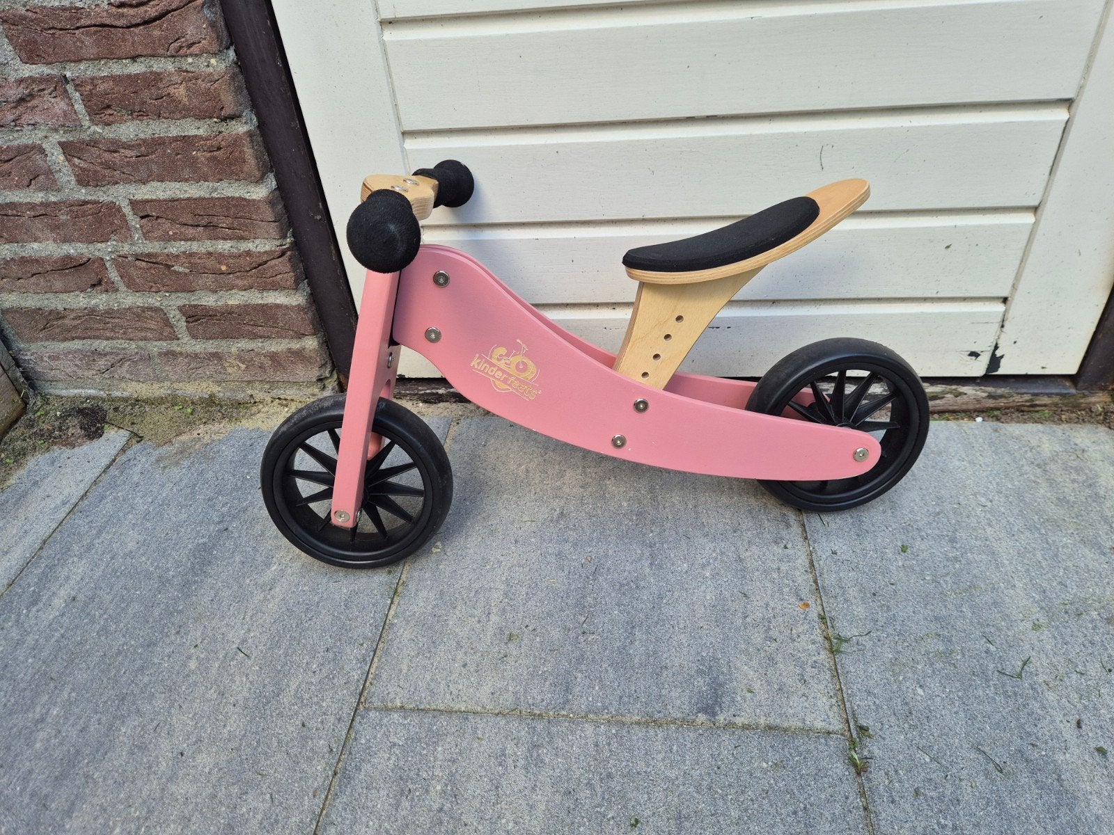 Roze houten loopfiets  - incl. doos en extra wie, Ophalen, Zijwieltjes, Kinderfeets, Minder dan 16 inch