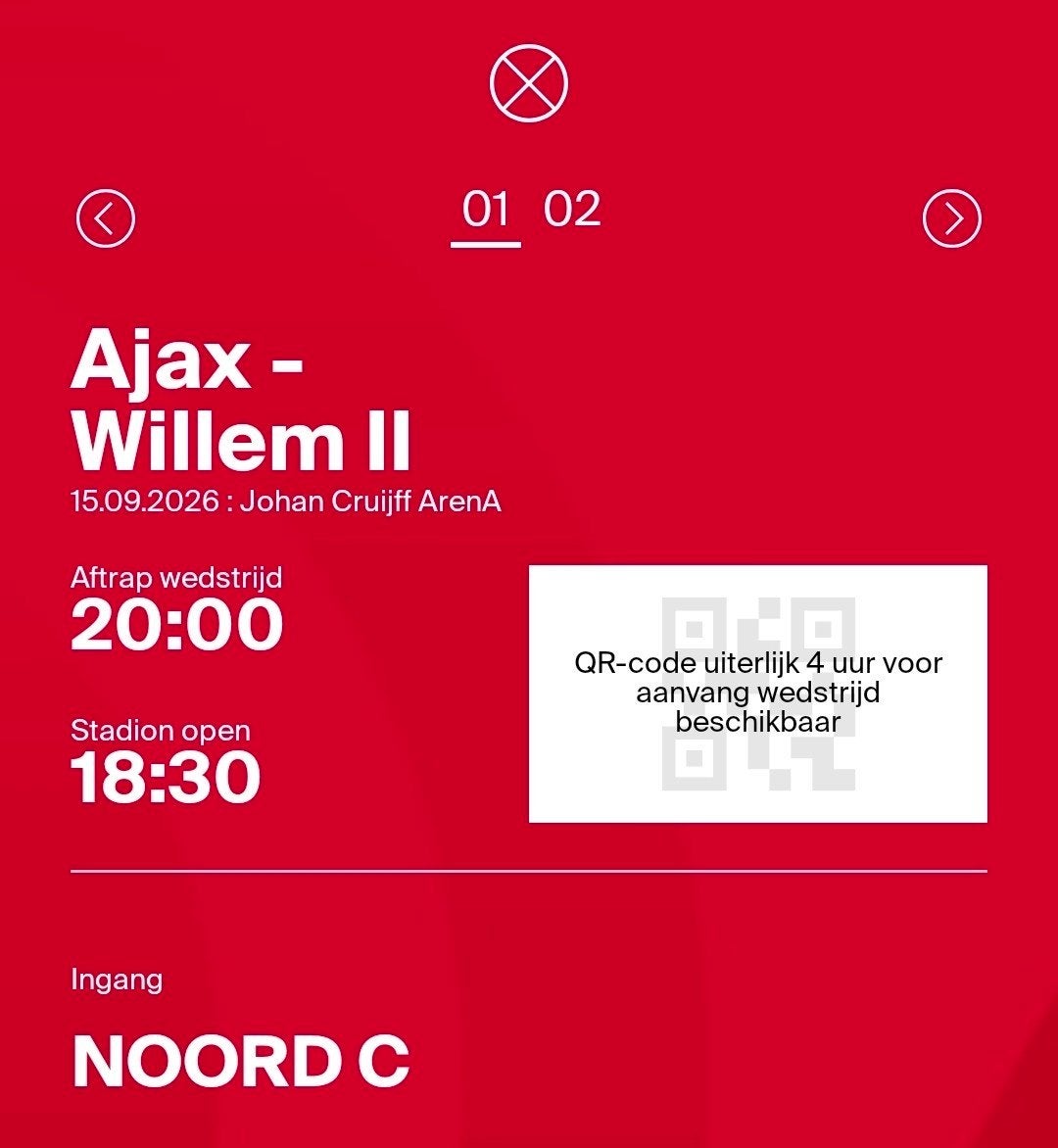 Ajax - Willem II  2x Naast elkaar

2 Kaarten, Tickets en Kaartjes, Twee personen, September