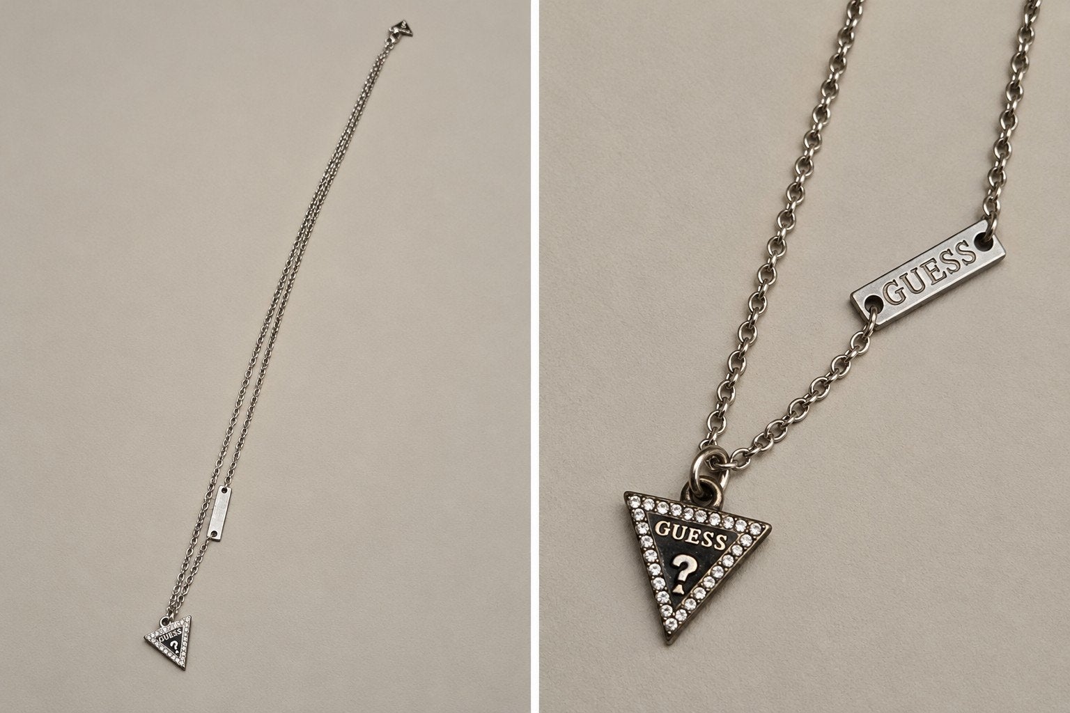 Guess zilverkleurige ketting met driehoekige hanger, Ophalen of Verzenden, Zilver, Overige materialen, Met strass