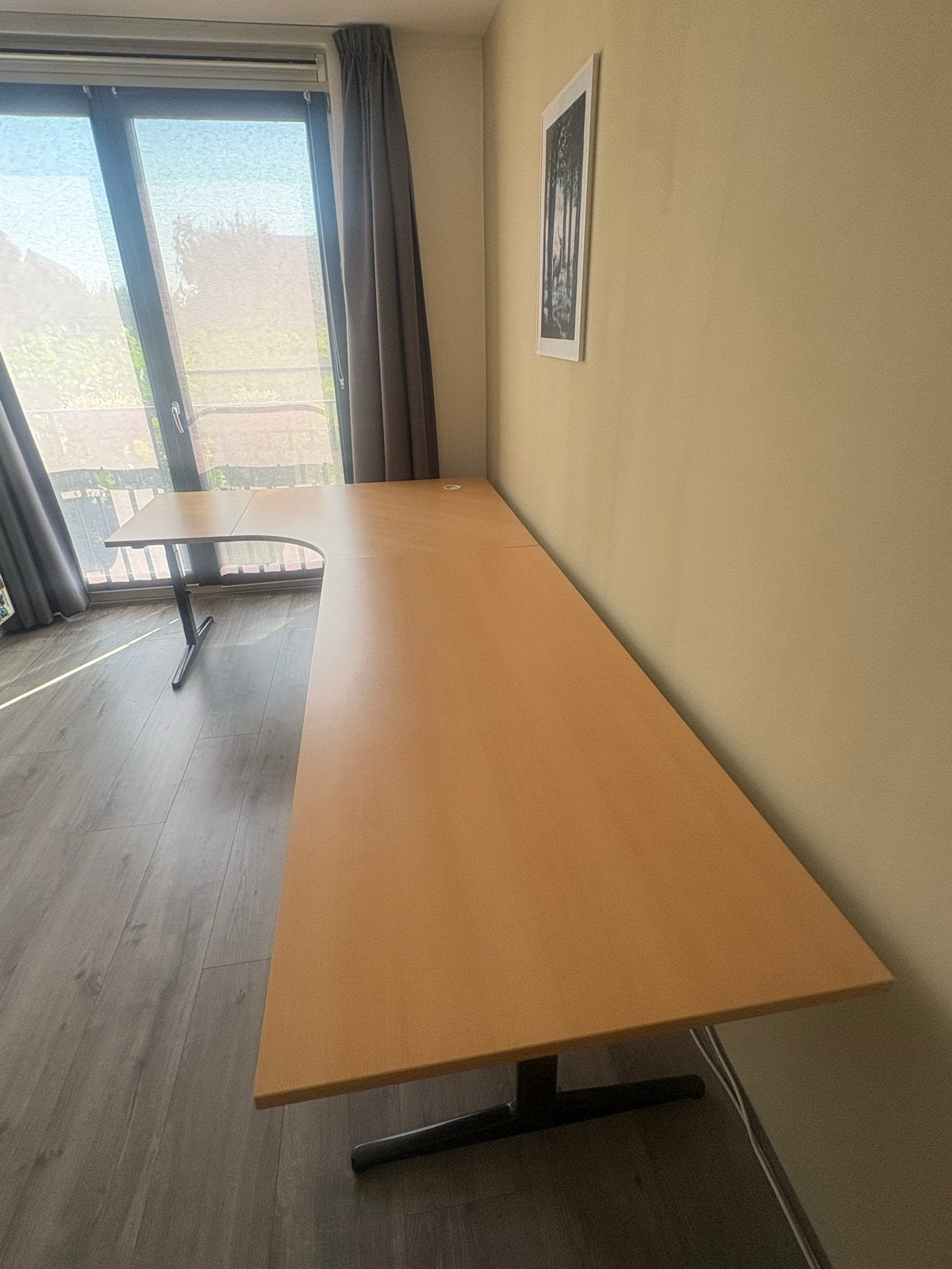 Ruim hoekbureau (300x168x80) met lichte houtnerf, Huis en Inrichting, Bureaus, Ophalen, Opbergruimte, Gebruikt, Hout