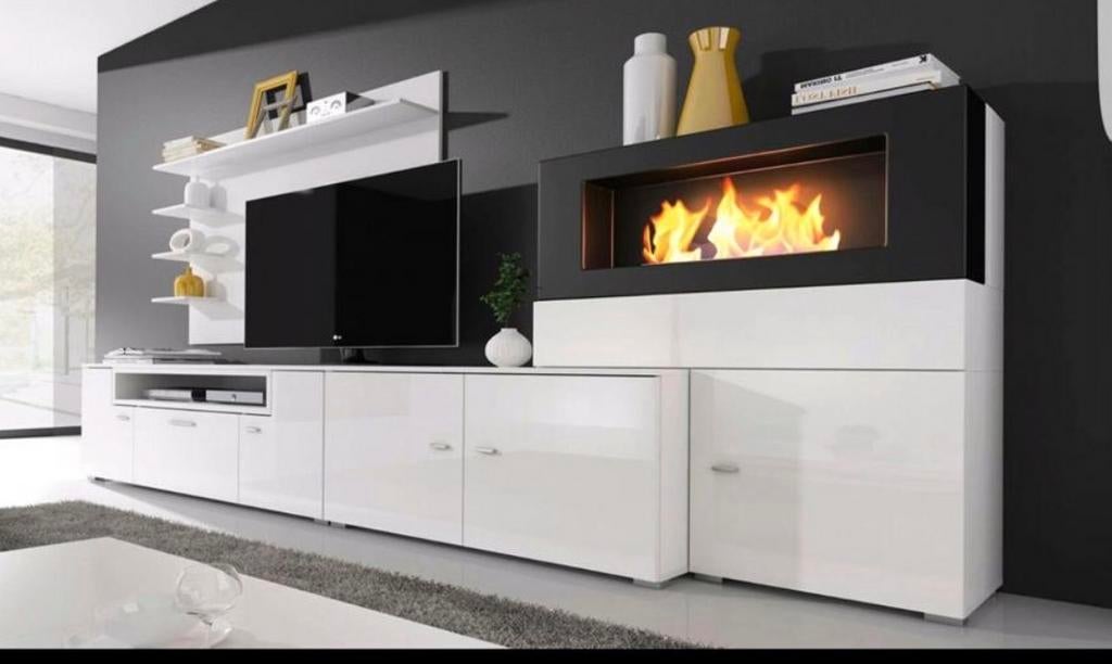 Moderne TV-kast met open haard en opbergruimte, Ophalen, Gebruikt, 100 tot 150 cm, Overige materialen