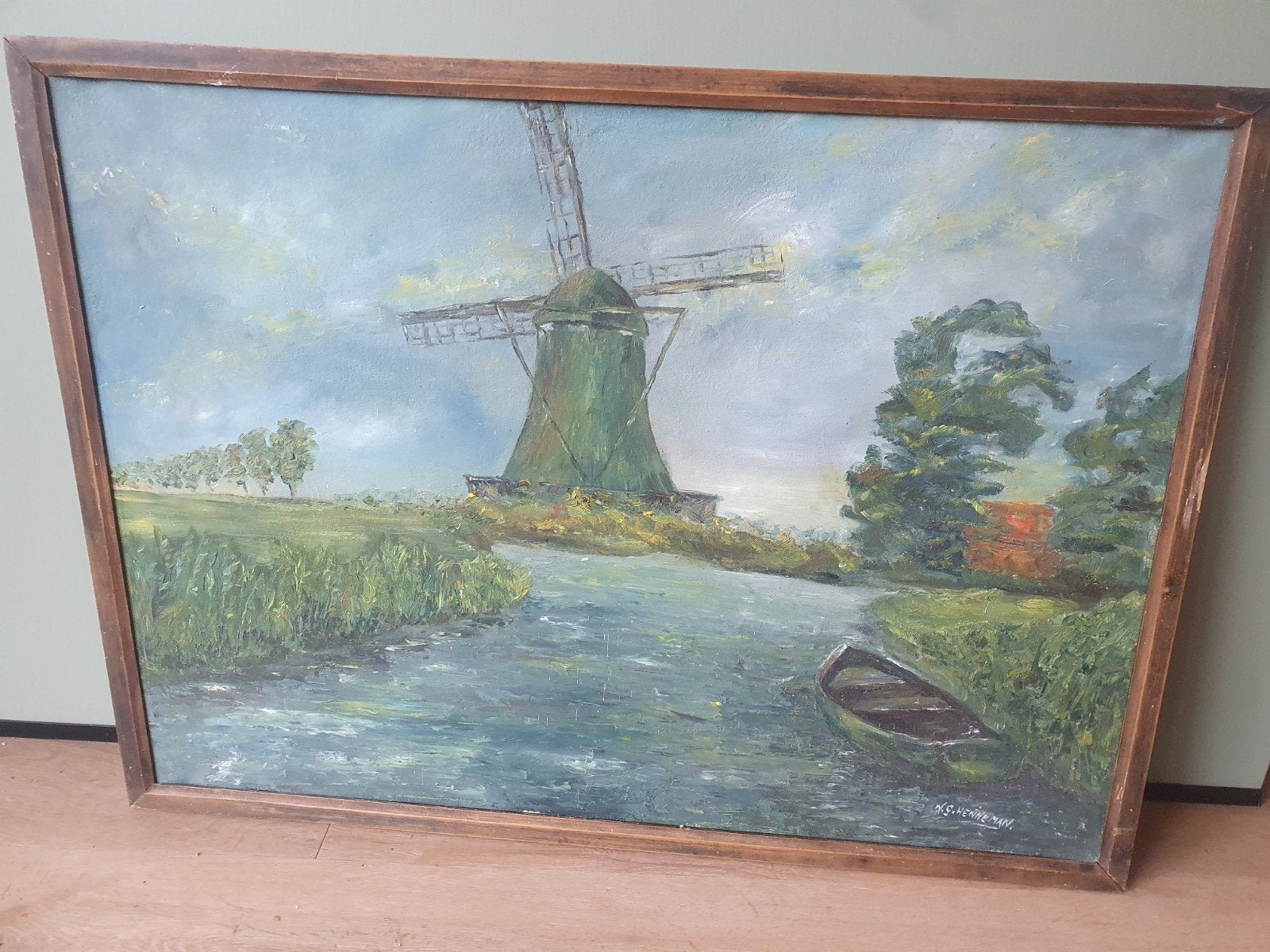 Hollands Polderlandschap met Molen – Olieverf N.G. Henneman, Ophalen