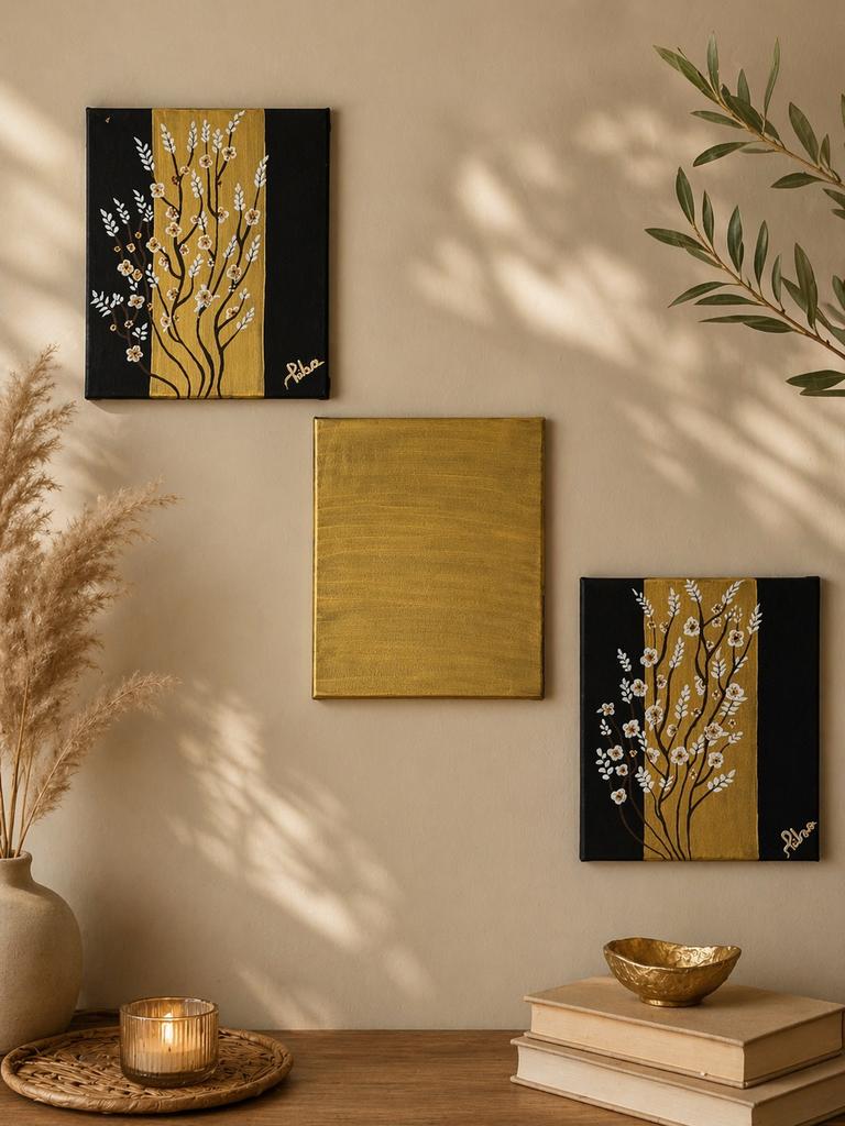 Luxe Handgemaakte Kunstset - Modern Goud-Zwart Design, Ophalen of Verzenden