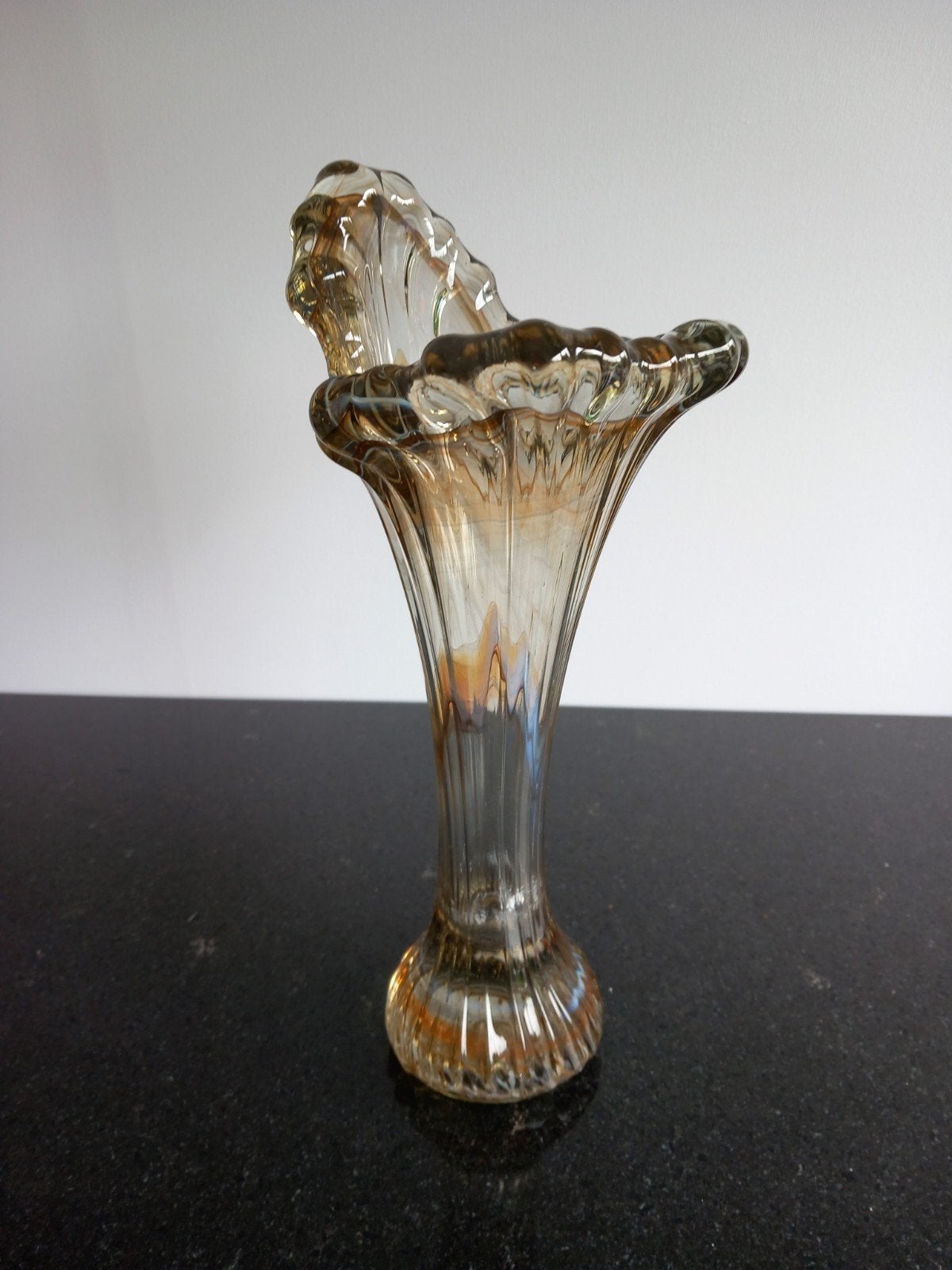 Vintage Art Deco Trompetvaas – Amber / Fumé Glas – 26,5 cm, Ophalen of Verzenden