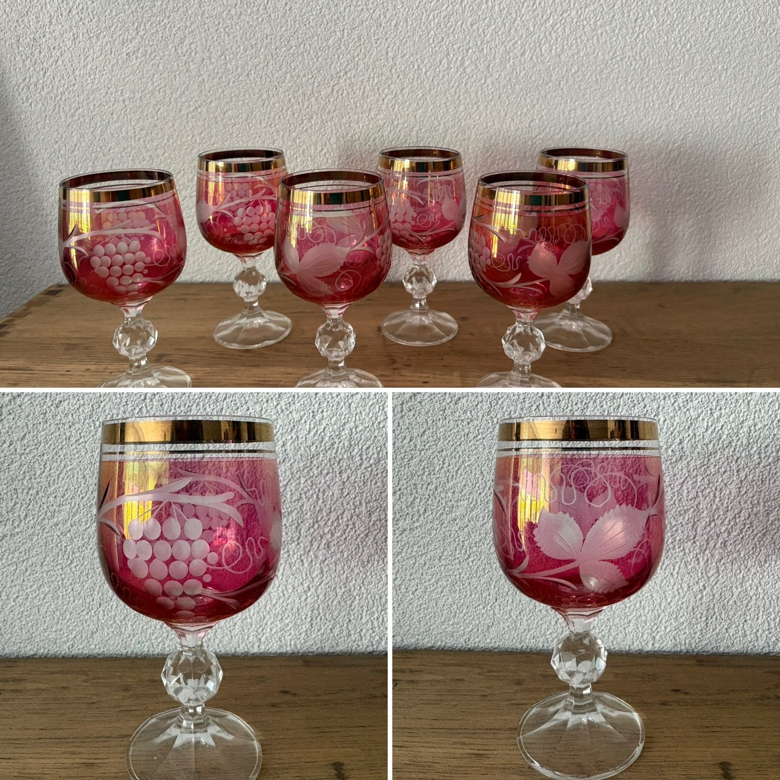 6 boheemse kristallen glazen “cranberry cut to clear” glas, Ophalen, Zo goed als nieuw, Overige typen