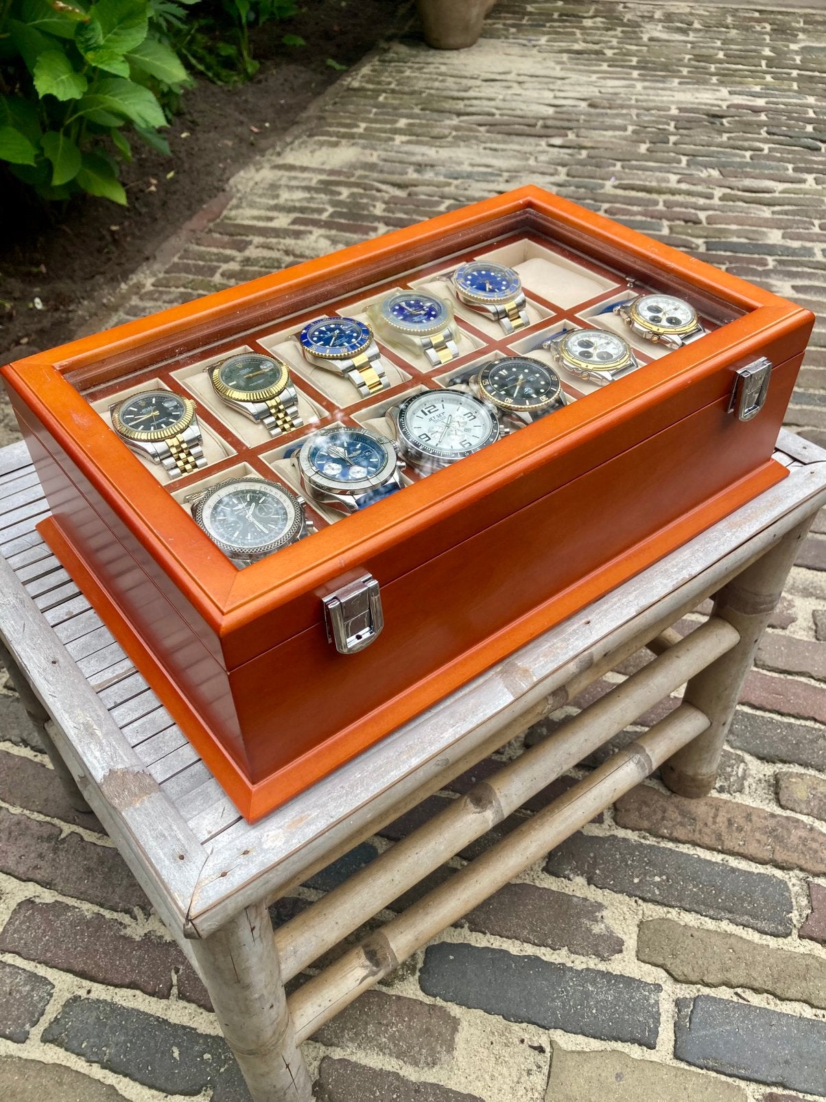 Luxe Mahonie Houten Horloge Box met 2 Verdiepingen, Ophalen of Verzenden, Zo goed als nieuw