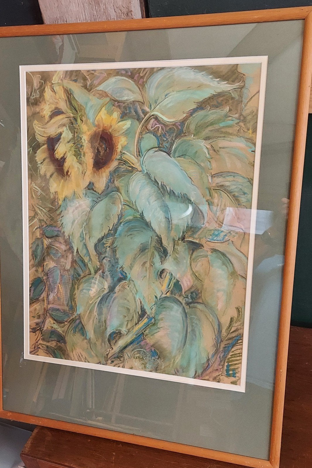 zonnebloemen door W Koster - pastel in lijst, Pastel, Papier/karton, Bloemen, Ophalen