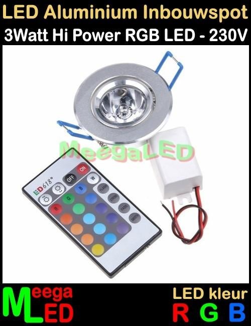 LED Aluminium Inbouwspot 3 Watt RGB + IR afstandsbediening, Led, Metaal of Aluminium, LED RGB Inbouwspot, Nieuw