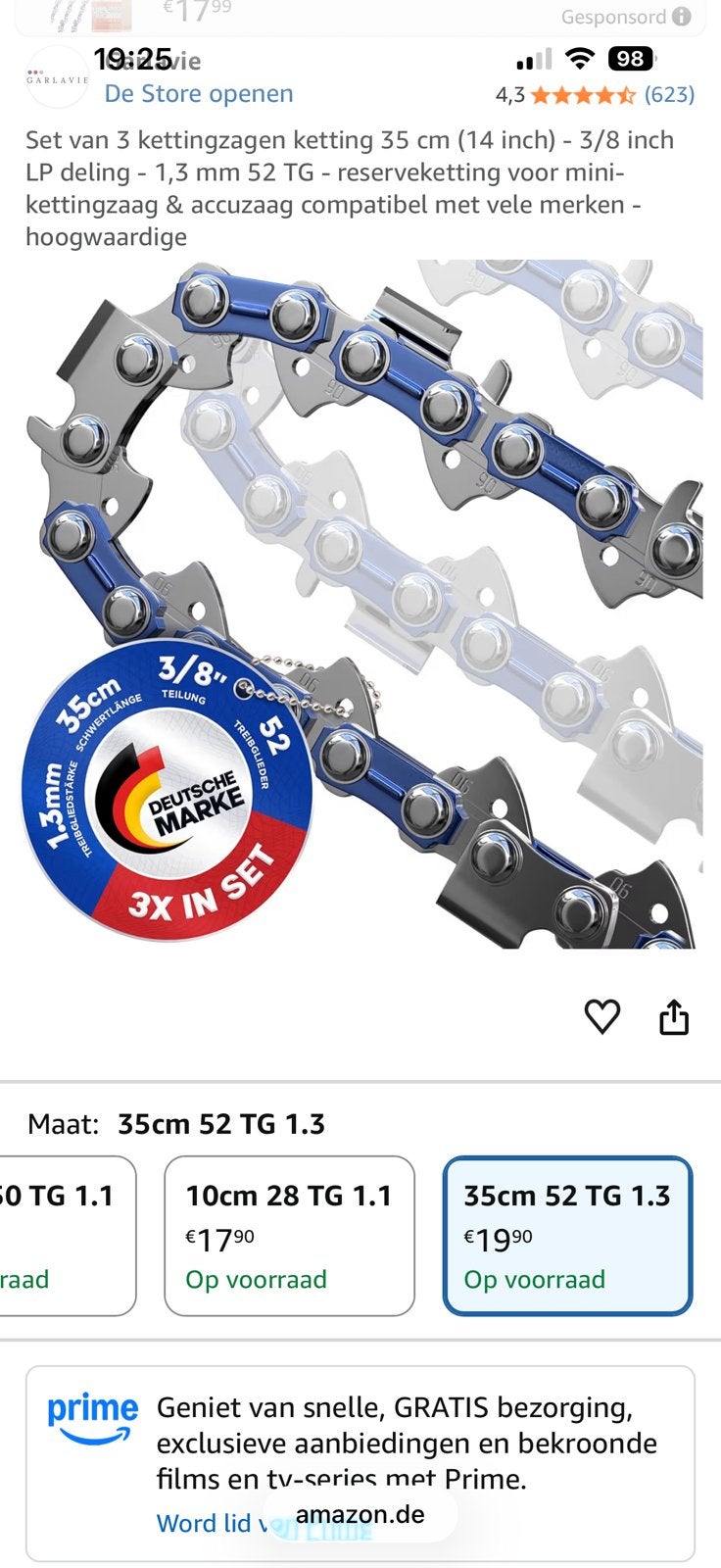 Garlavie Kettingzaagkettingen 35cm 3/8 1.3mm.52TG (3 stuks), Kettingzaag, Nieuw, Ophalen of Verzenden, 30 tot 70 mm